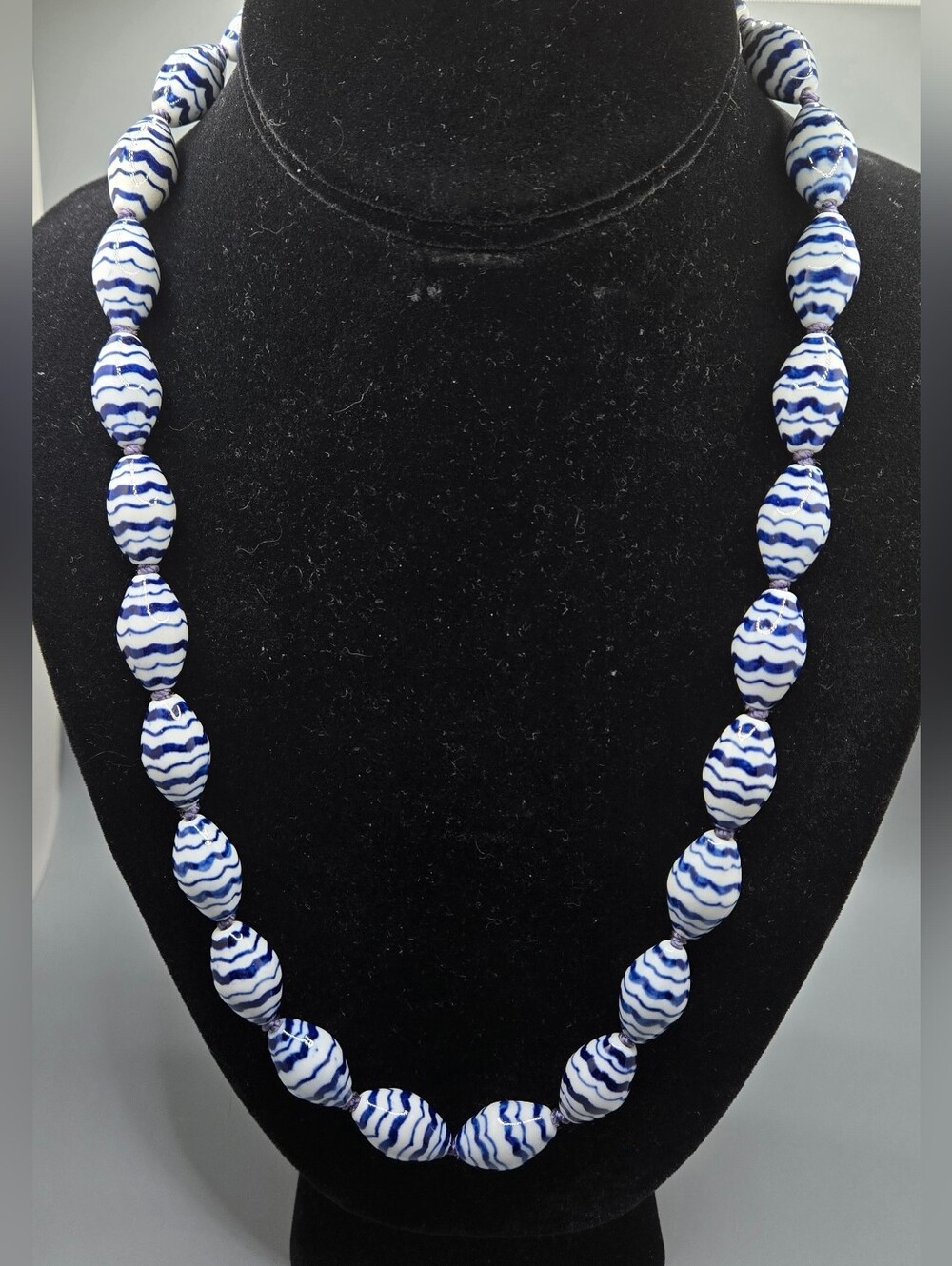 Porcelain Bead Necklace Blue & White Hand Painted & Knotted Cloisonne Clasp